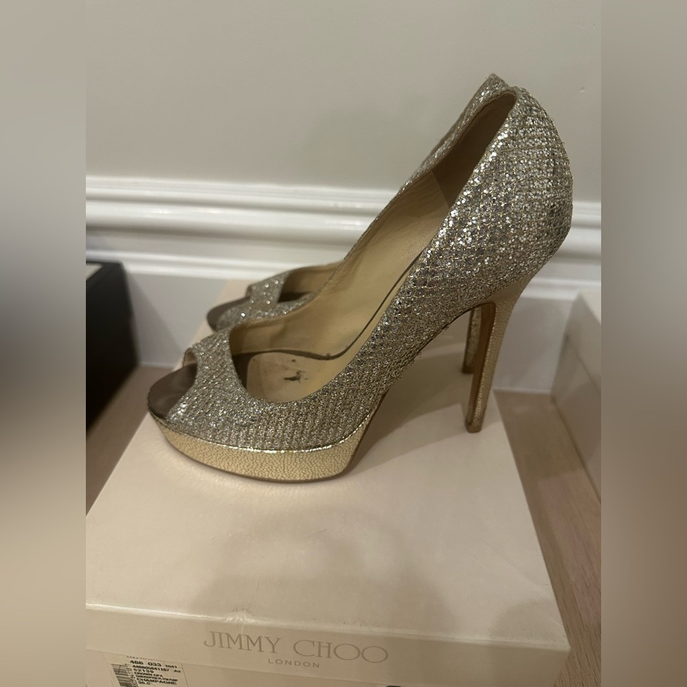 Jimmy Choo Peep Toe Luna Platform Pumps Heels Glitter Fabric Champagne 36.5 6.5